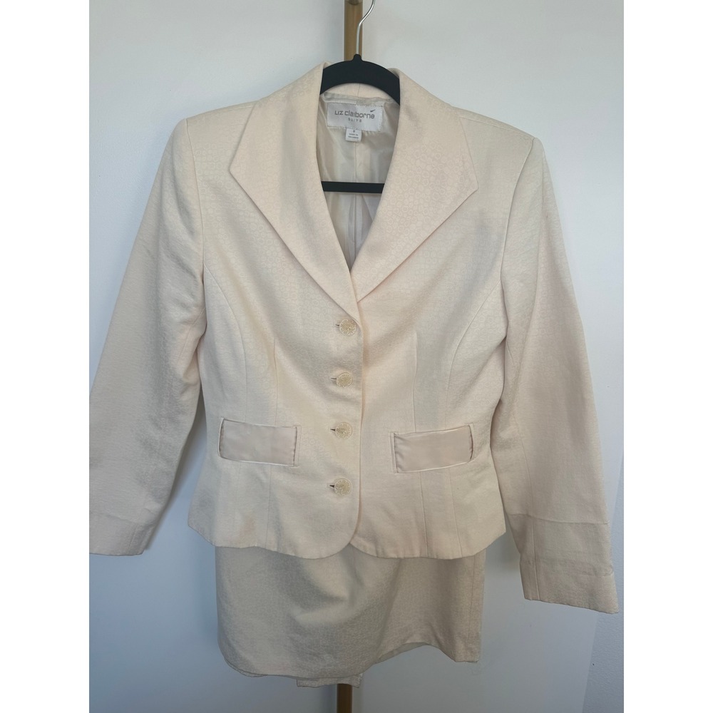 Liz Claiborne Cream Jacquard Blazer Skirt Suit Set Size 8